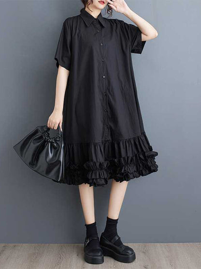 Half Sleeves Loose Buttoned Pleated Ruffled Solid Color Lapel Midi Dresses Shirt Dress