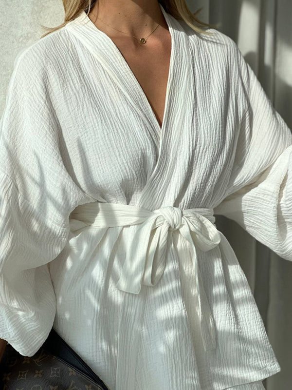 Long Sleeves Elasticity Solid Color Tied Waist V-Neck Blouses Tops + High Waisted Shorts Bottom Two Pieces Set