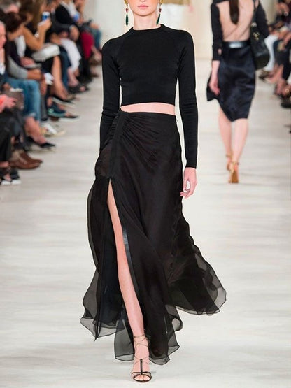 High Waisted Loose Solid Color Split-Joint Split-Side Skirts Bottoms