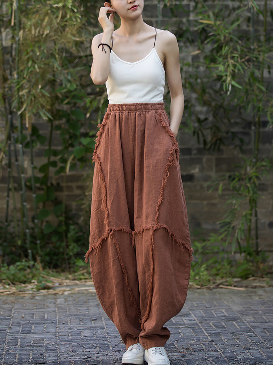 Women Summer Worn Raw-edge Ramie Harem Pants