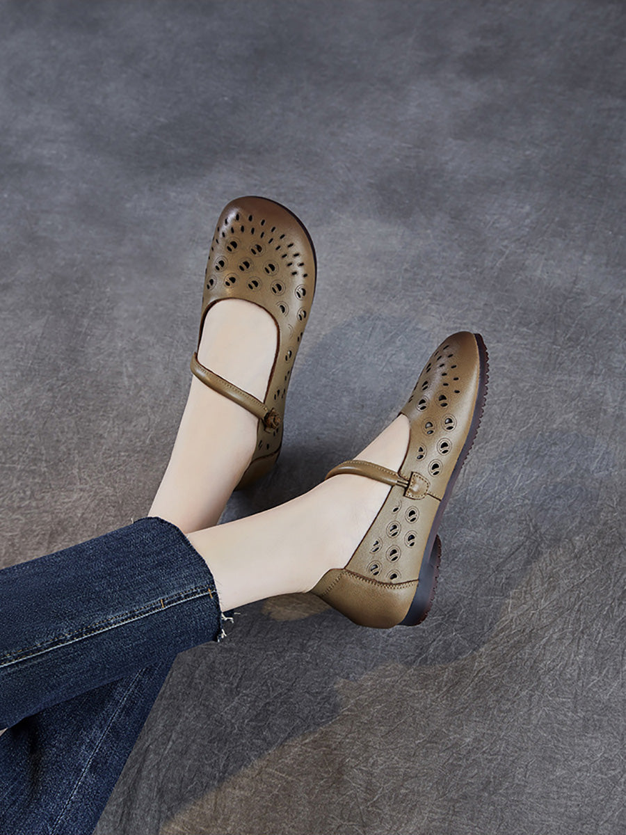 Women Summer Genuine Leather Hollow Out Low Heel Shoes
