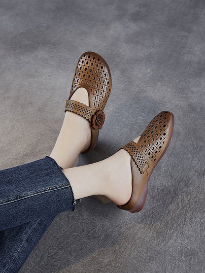 Women Casual Genuine Leather Flower Low Heel Slippers