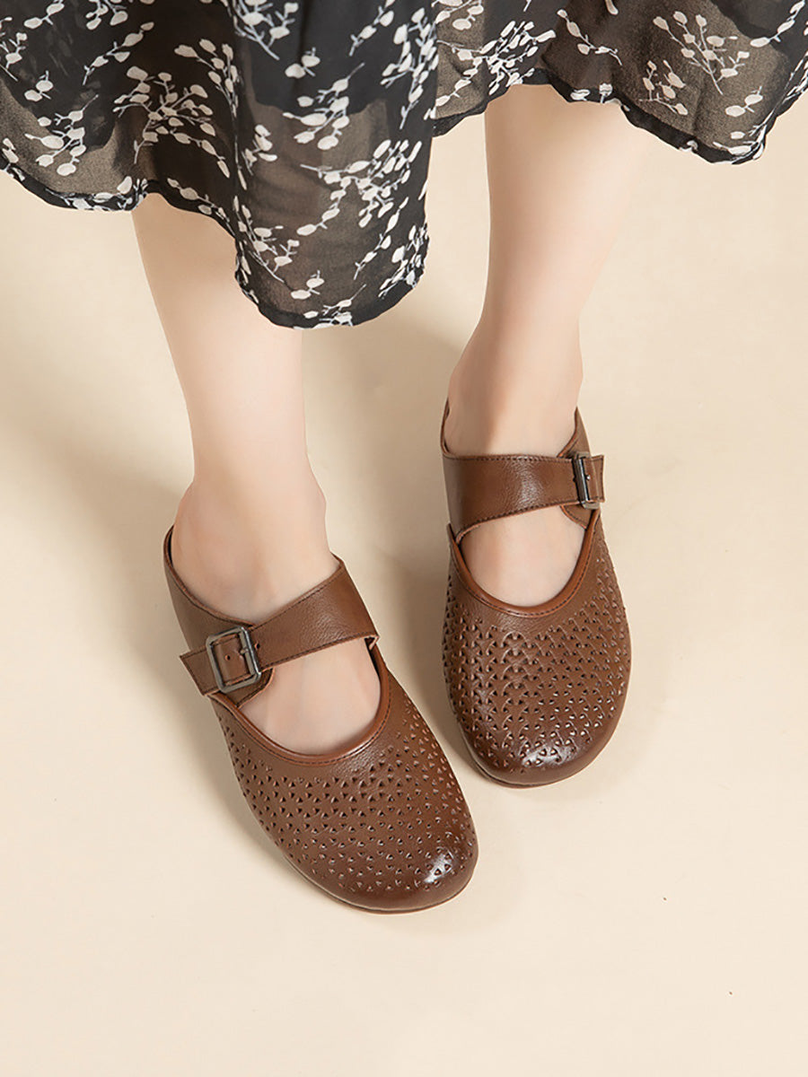 Women Vintage Genuine Leather Low Heel Slippers