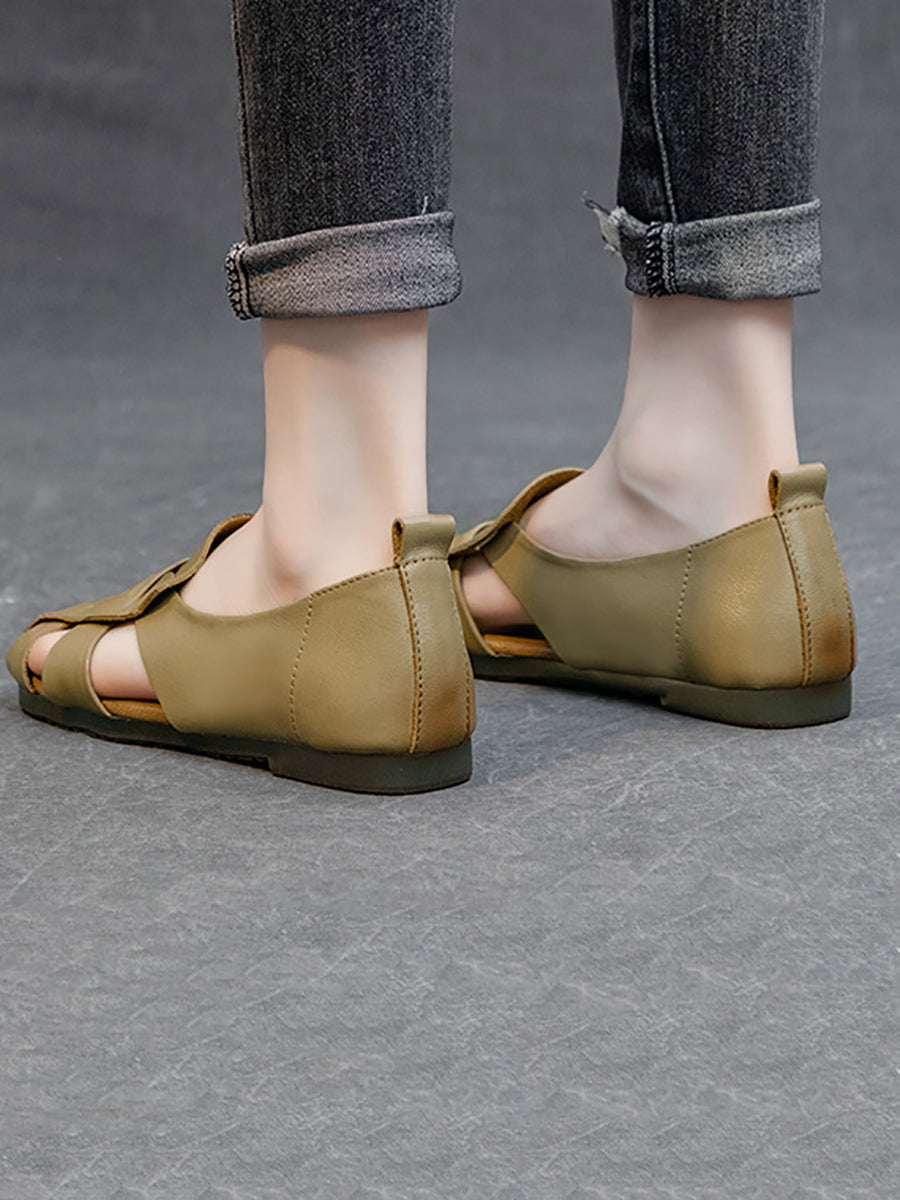 Women Summer Solid Vintage Leather Hollow Out Soft Shoes