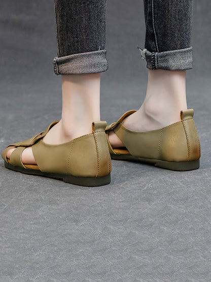 Women Summer Solid Vintage Leather Hollow Out Soft Shoes
