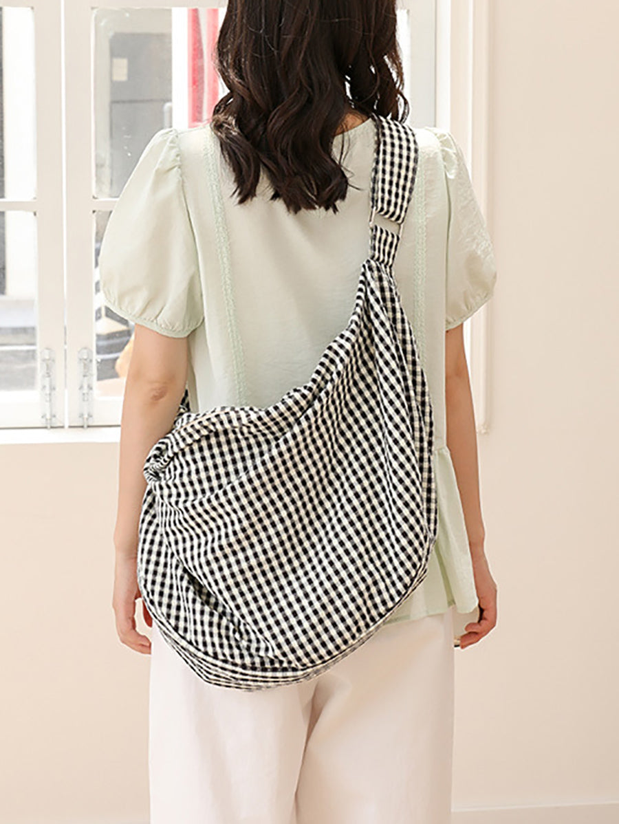 Women Casual Plaid Canvas Dumpling Shoulder Bag