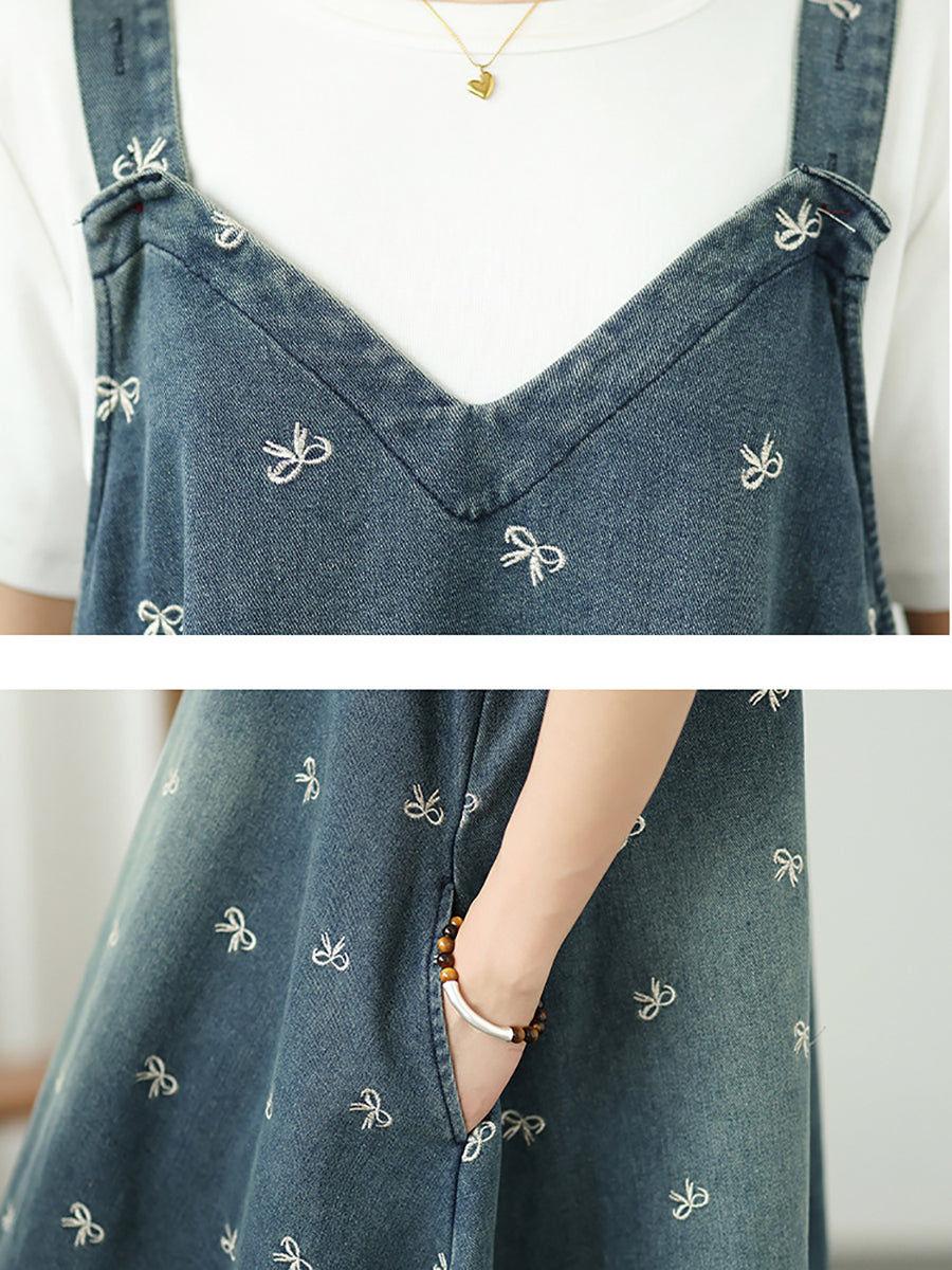Women Summer Bowknot Embroidery Denim Overall Dress