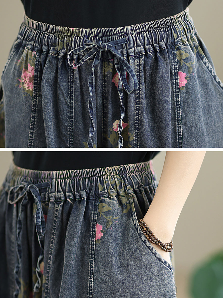 Women Casual Summer Flower Denim Harem Pants