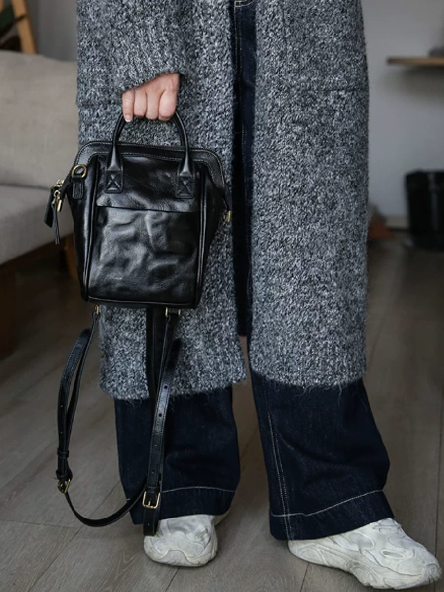 Crinkled Leather Handbag Travel Backpack