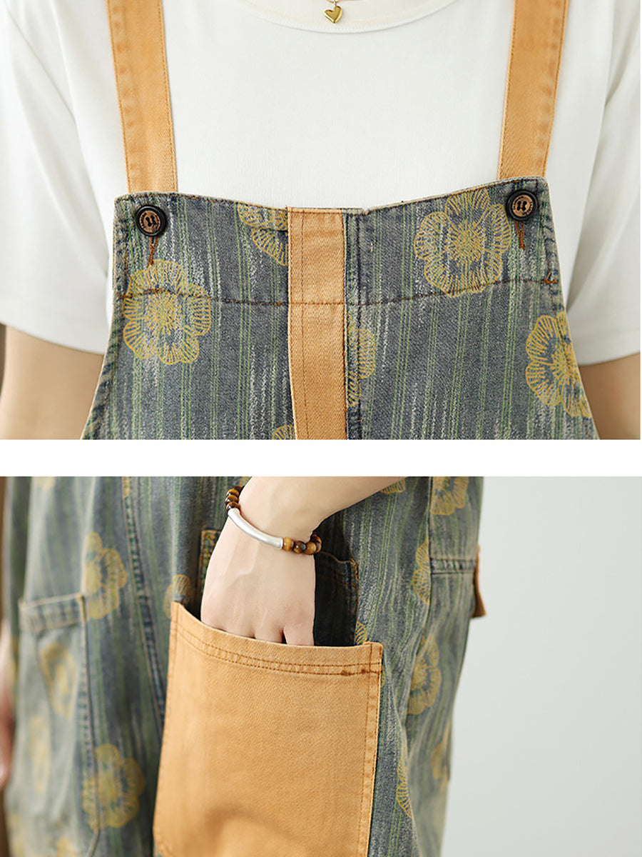 Women Summer Flower Colorblock Denim Short Jumpsuits