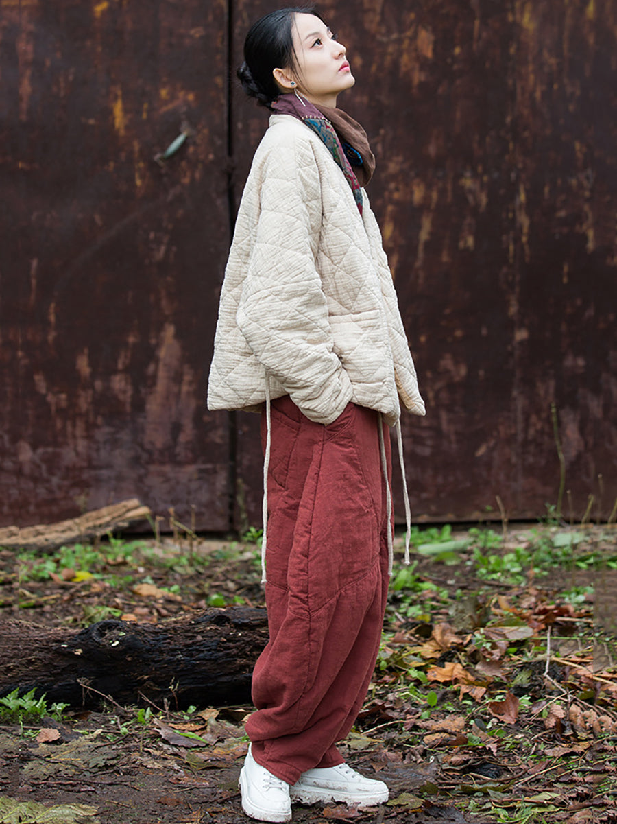 Women Winter Artsy Pure Color V-Neck Padded Coat