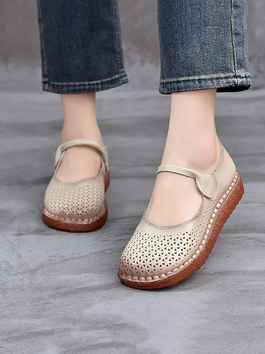 Women Ethnic Genuine Leather Hollow Out Low Heel Shoes
