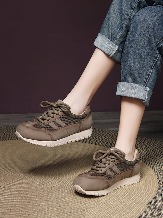 Women Casual Genuine Leather Net Spliced Flat Sport Shoes