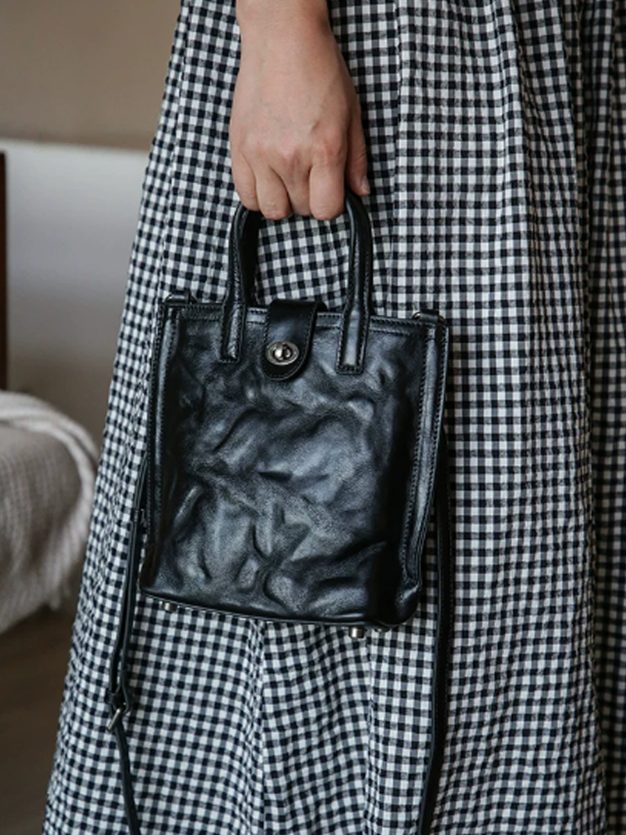 Vintage Crinkled Mini Tote Crossbody Bag