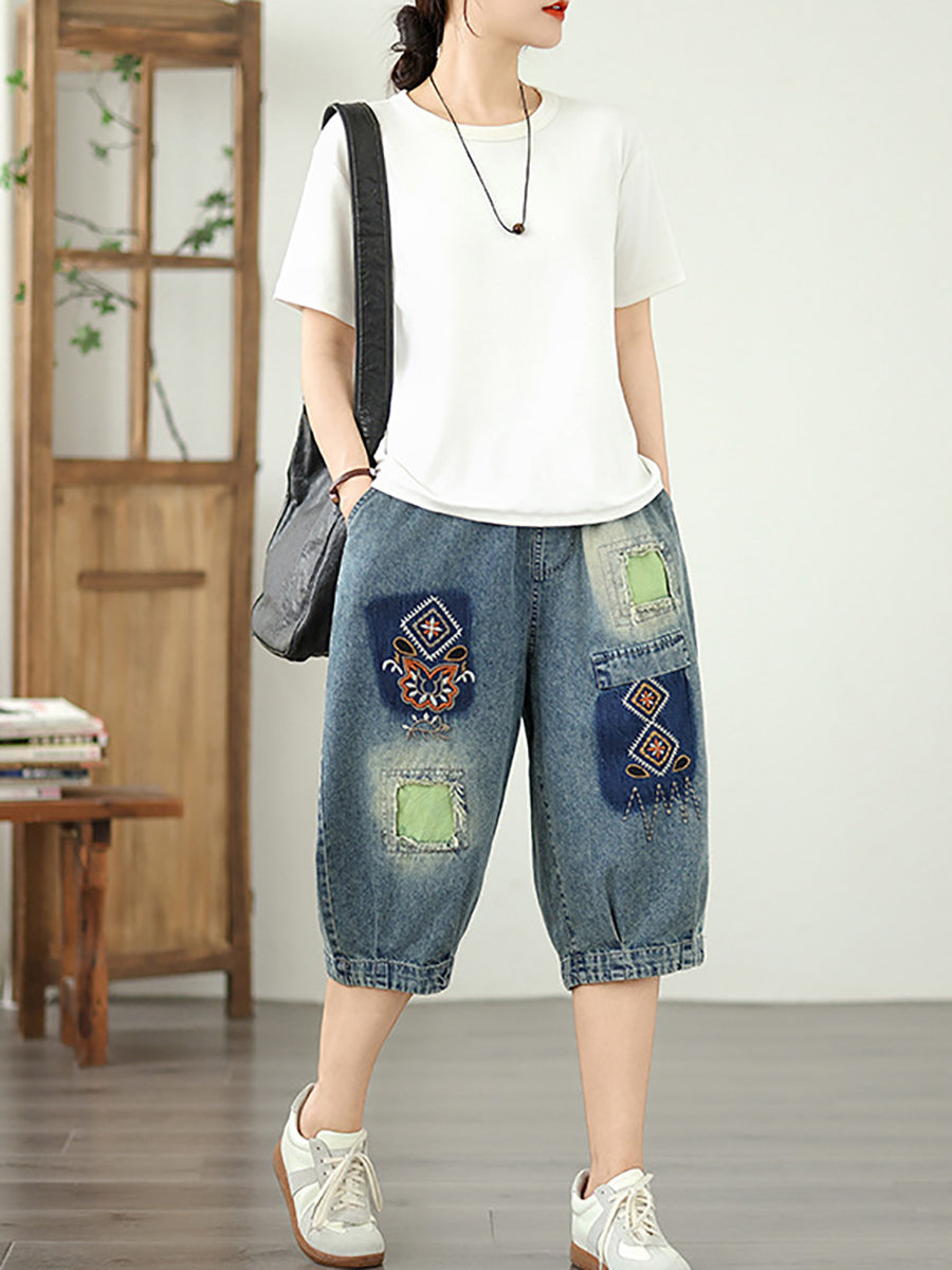 Women Retro Flower Embroidery Patchwork Denim Fifth Pants