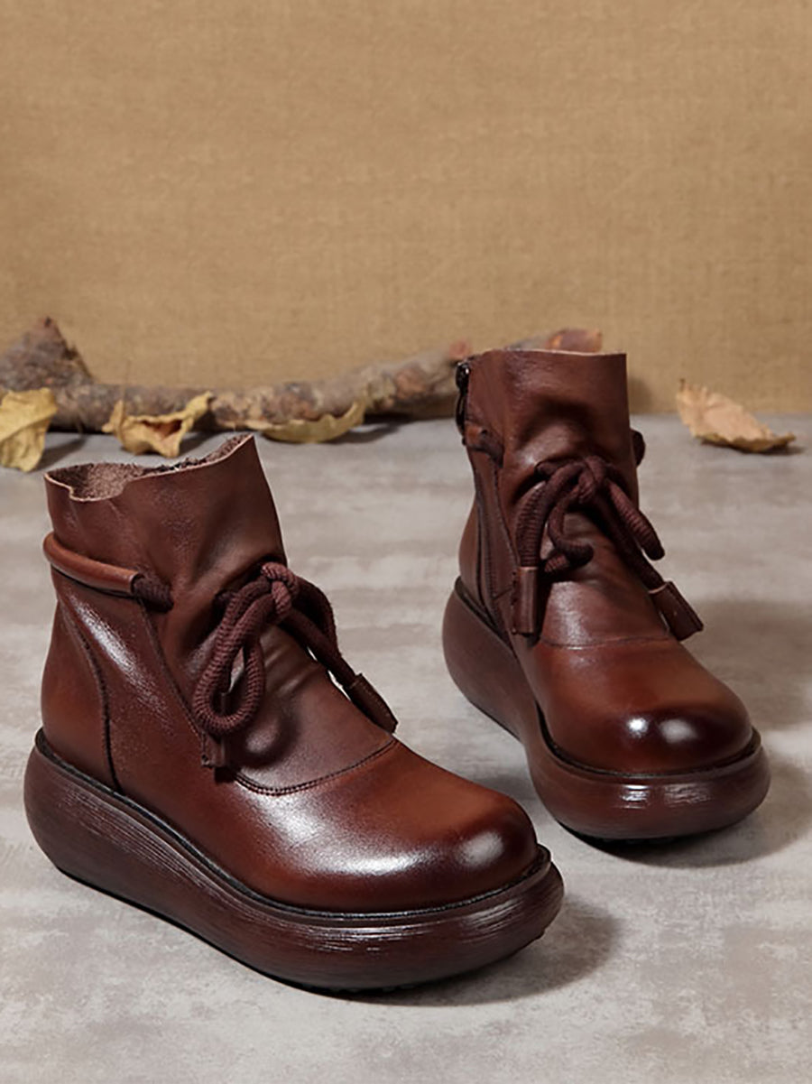 Women Vintage Winter Leather Spliced Platform Boots