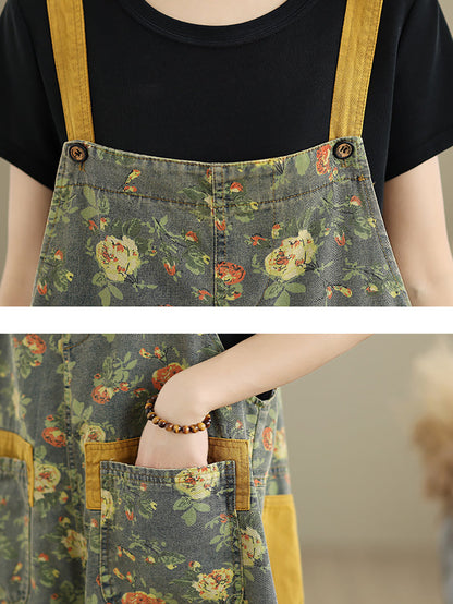 Women Summer Flower Denim Cropped Jumpsuits