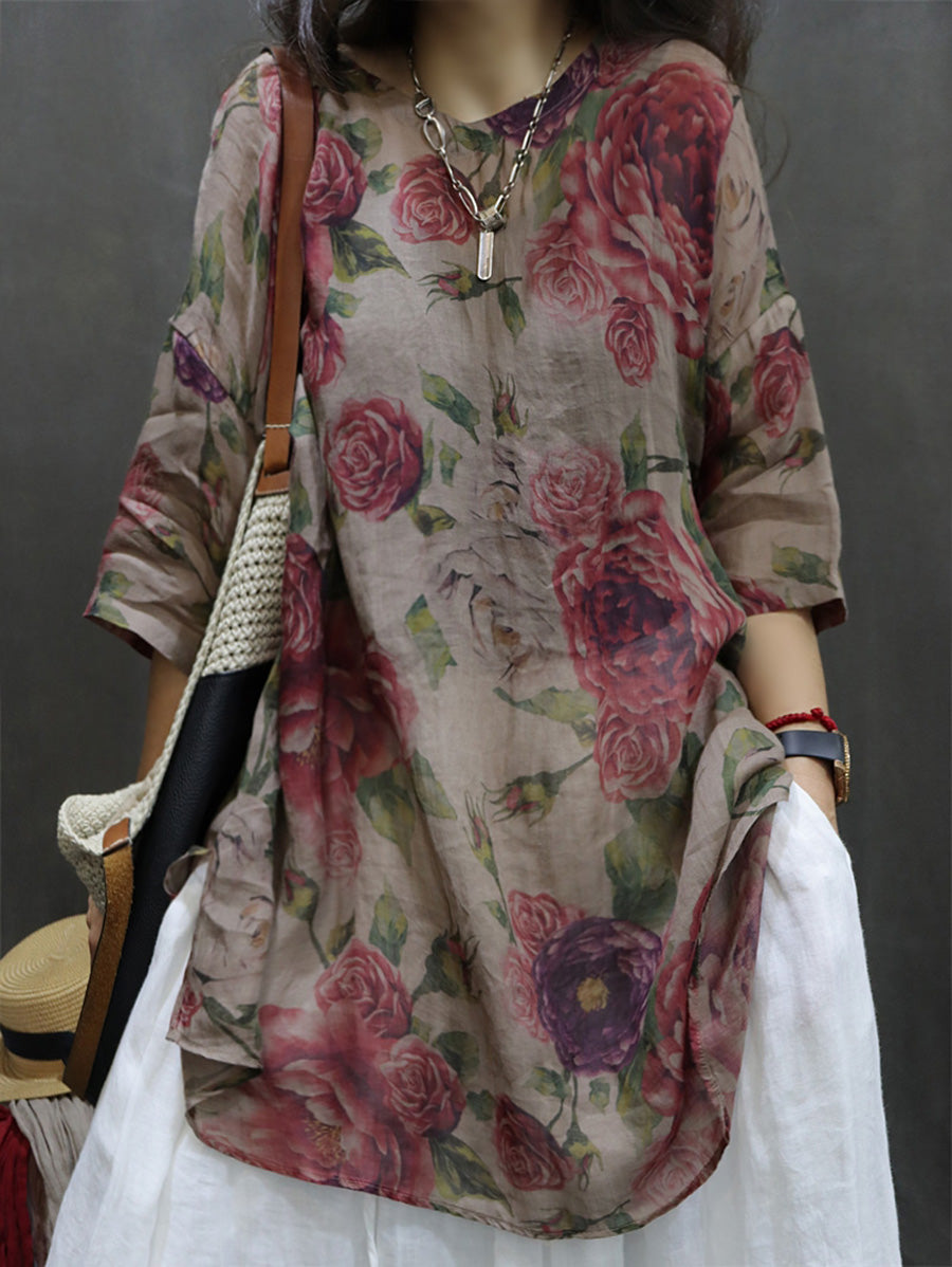 Plus Size Women Summer Vintage Flower Ramie Blouse M-4XL