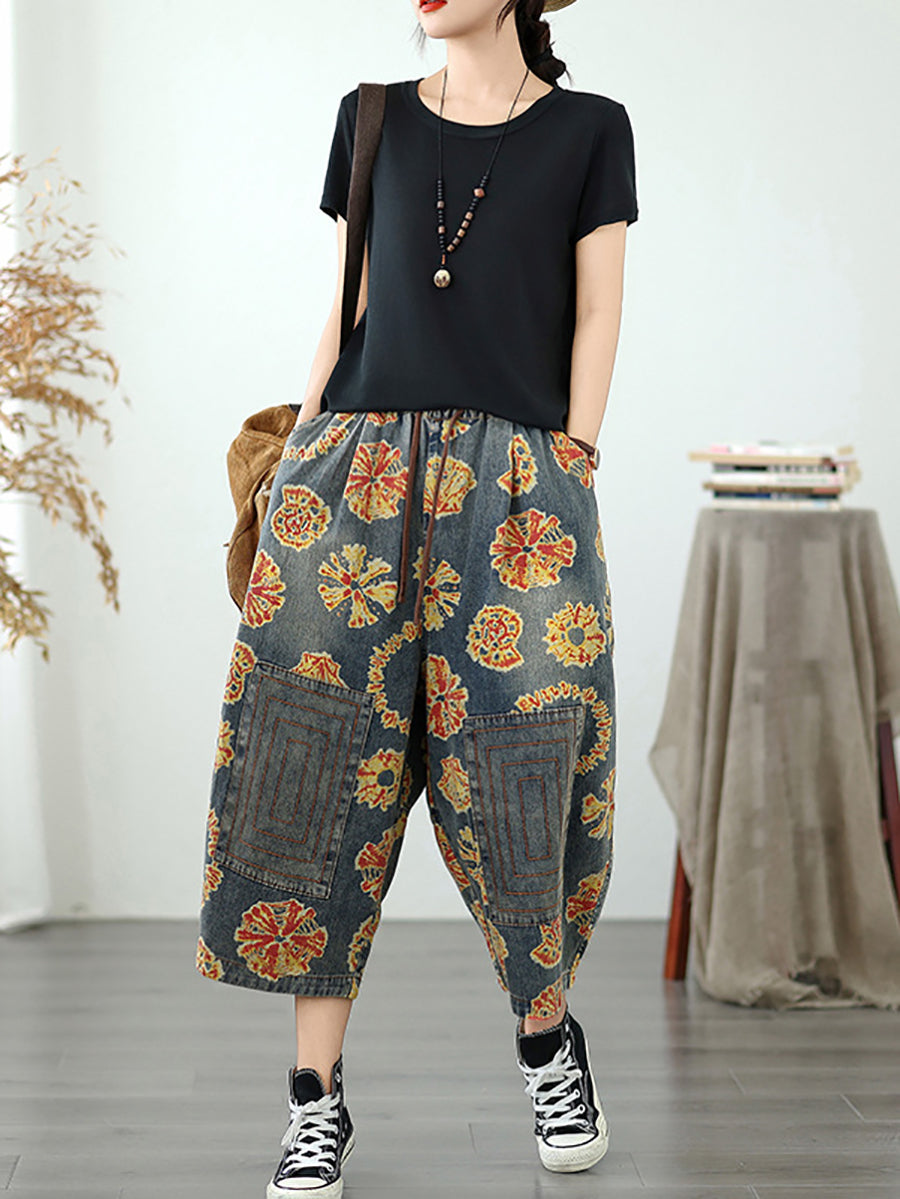 Women Retro Flower Denim Straight Capri Pants