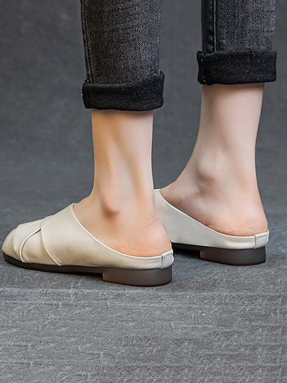 Women Summer Soft Leather Low Heel Weave Slippers