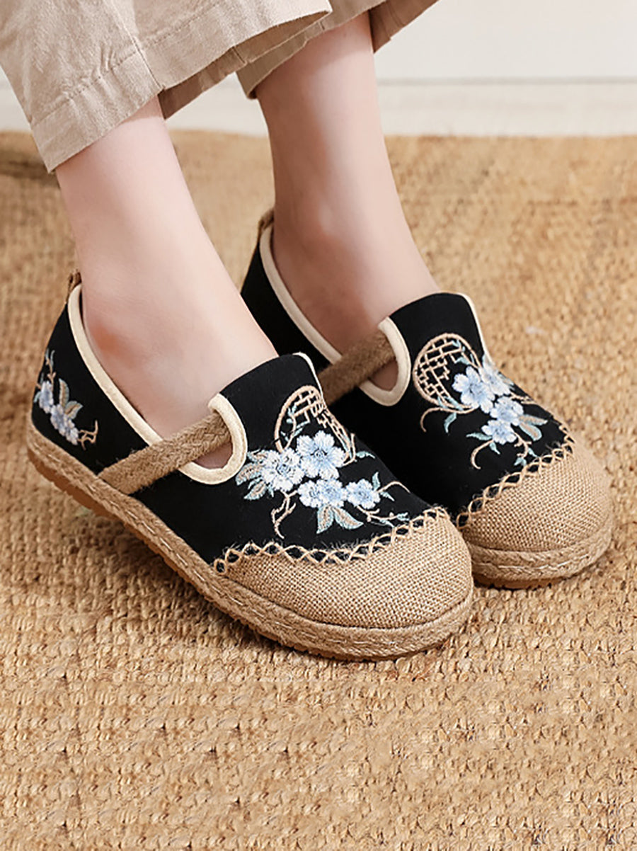 Women Vintage Summer Flower Cloth Linen Shoes