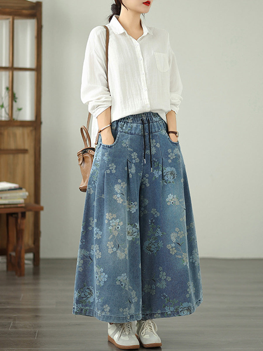 Women Autumn Retro Flower Denim Wide-leg Pants
