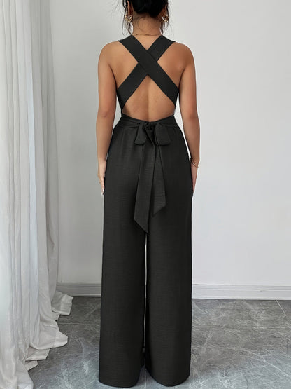 High Waisted Sleeveless Backless Solid Color Tied Spaghetti-Neck Jumpsuits