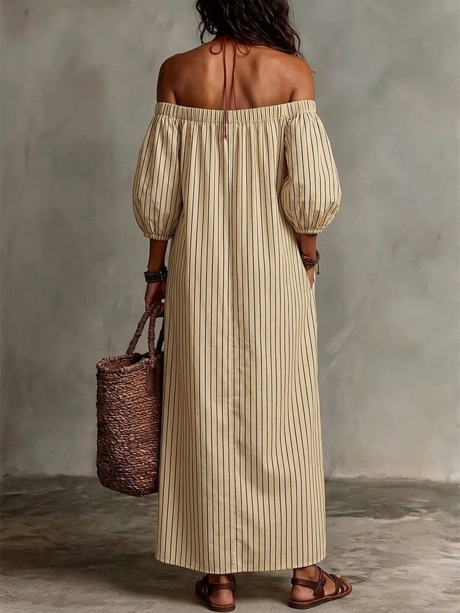 Striped Pockets Elastics Three-quarter Sleeves Plus Size Off-the-shoulder Midi Dresses