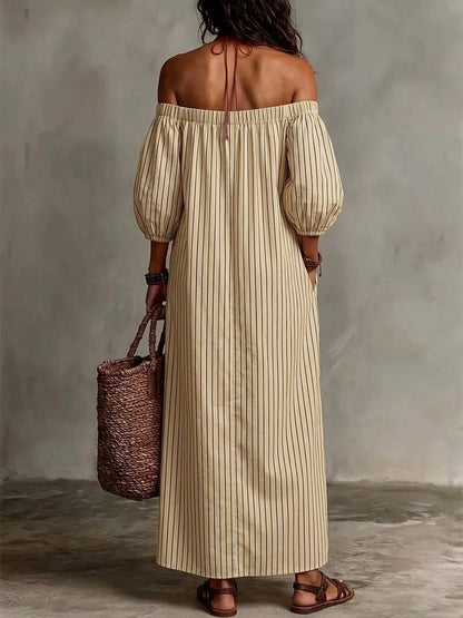 Striped Pockets Elastics Three-quarter Sleeves Plus Size Off-the-shoulder Midi Dresses