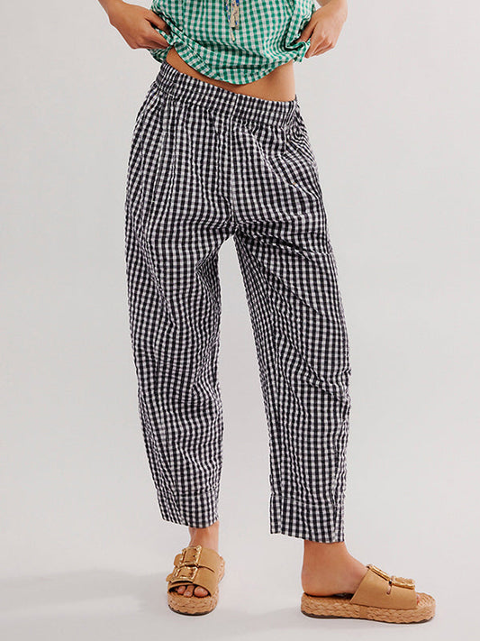 Loose Plaid Pockets Split-Joint Pants Trousers