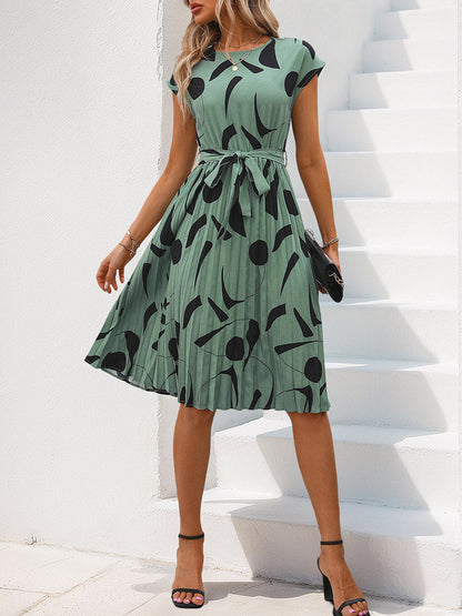 High Waisted Sleeveless Abstract Printed Contrast Color Pleated Polka-Dot Split-Joint Tied Waist Round-Neck Midi Dresses