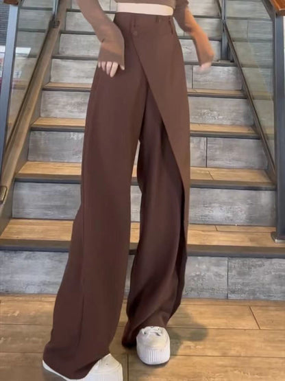 High Waisted Irregularity Buttoned Solid Color Split-Joint Pants Trousers