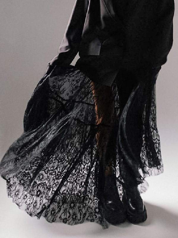 A-Line High Waisted Gauze Pleated See-Through Split-Joint Skirts