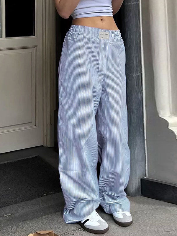 High Waisted Loose Elasticity Split-Joint Striped Pants Trousers
