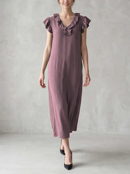 Loose Plus Size Pockets Ruffle Trim Solid Color V-Neck Maxi Dresses