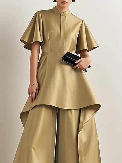 High-Low Loose Pleated Shiny Solid Color Split-Joint Mock Neck Blouses&Shirts Tops