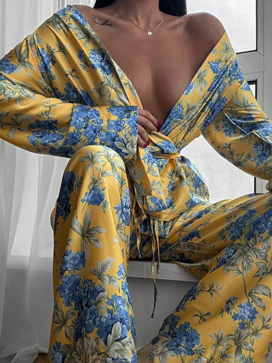 Loose Printed Split-Joint Deep V-Neck Lace-Up Blouse + Drawstring Elasticity Pants Trousers Two Pieces Set