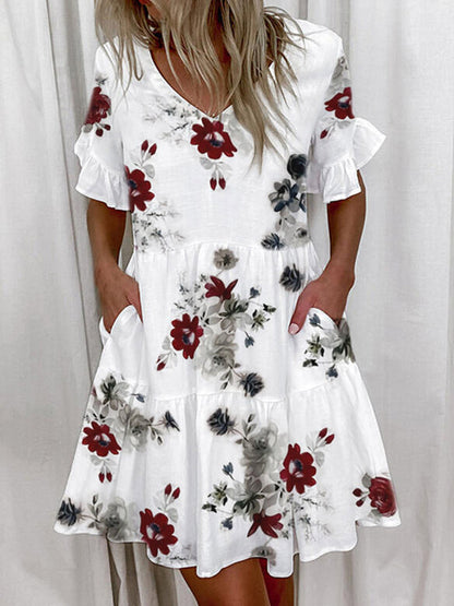 A-Line High Waisted Contrast Color Pleated Pockets Printed Split-Joint V-Neck Midi Dresses