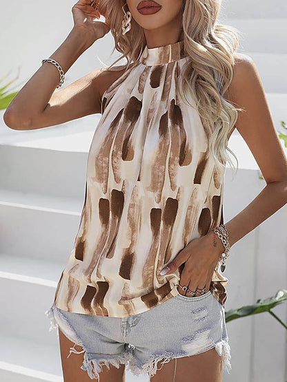 Loose Sleeveless Contrast Color Hollow Pleated Halter-Neck Vest Top