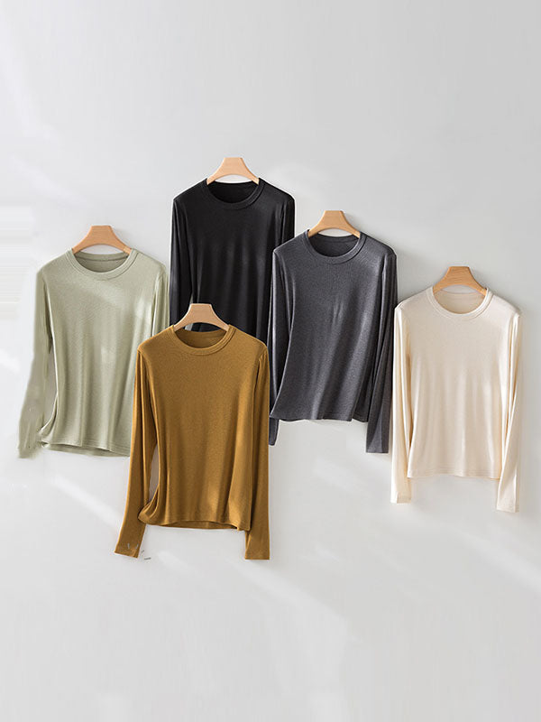 Long Sleeves Solid Color Round-Neck Skinny T-Shirts Tops