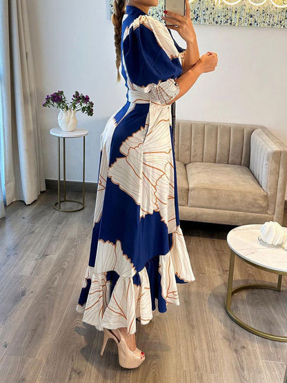 A-Line High Waisted Buttoned Contrast Color Pleated Pockets Split-Joint Lapel Maxi Dresses