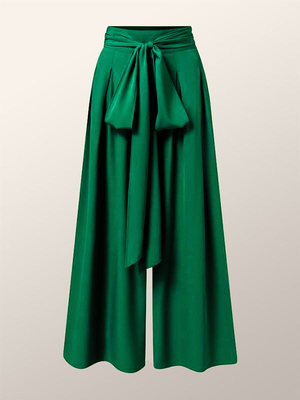 Loose Wide Leg Pleated Solid Color Tied Waist Pants Trousers