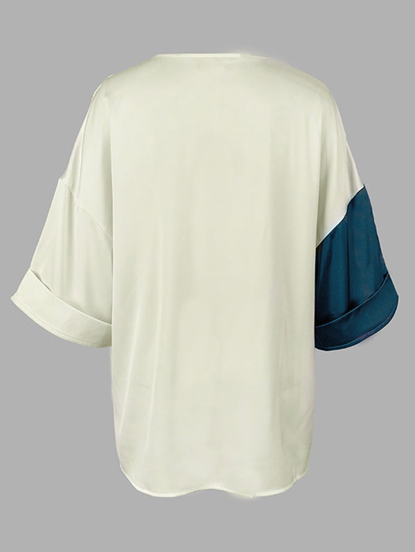 Long Sleeves Loose Color-Block Contrast Color Drawstring Elasticity V-Neck Blouses&Shirts Tops