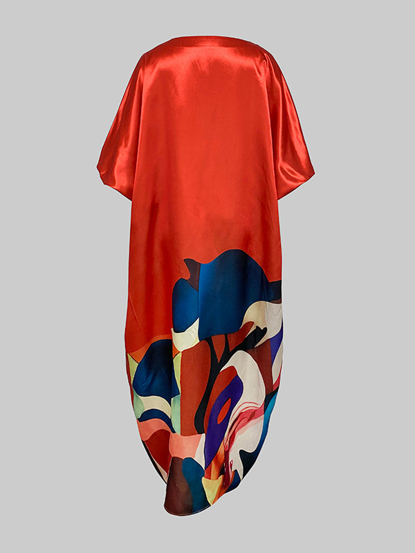 Loose Puff Sleeves Elasticity Flower Print Split-Front Round-Neck Maxi Dresses