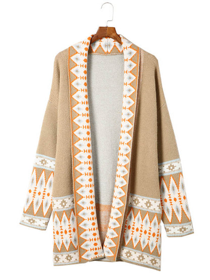 Long Sleeves Loose Contrast Color Collarless Cardigan Tops