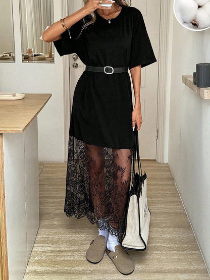 Loose Short Sleeves See-Through Solid Color Split-Joint Round-Neck Maxi Dresses