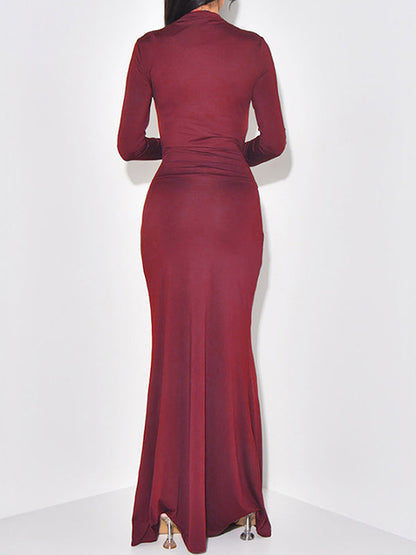 Bodycon Long Sleeves Solid Color Split-Joint Tied Waist Half Turtleneck Maxi Dresses