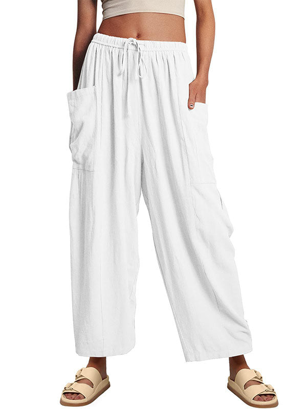 High Waisted Loose Drawstring Elasticity Pleated Pockets Solid Color Ninth Pants Trousers