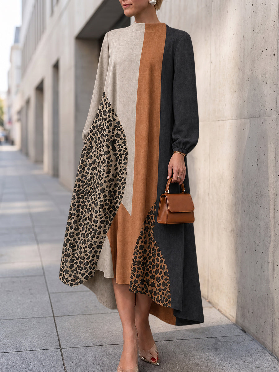 Zipper Split-Joint Leopard Elasticity Contrast Color Loose Long Sleeves Round-neck Maxi Dresses