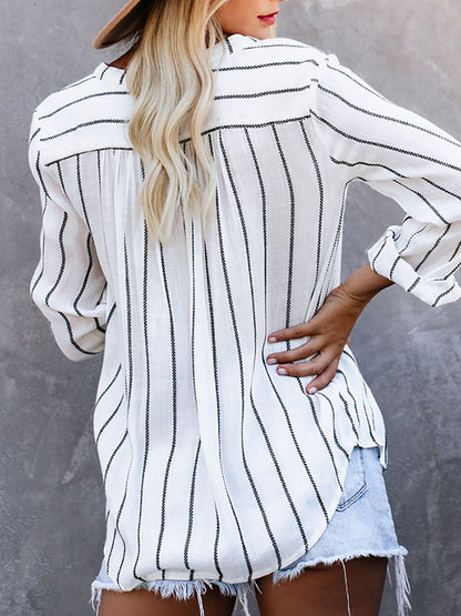 Long Sleeves Loose Buttoned Pockets Striped V-Neck Blouses&Shirts Tops